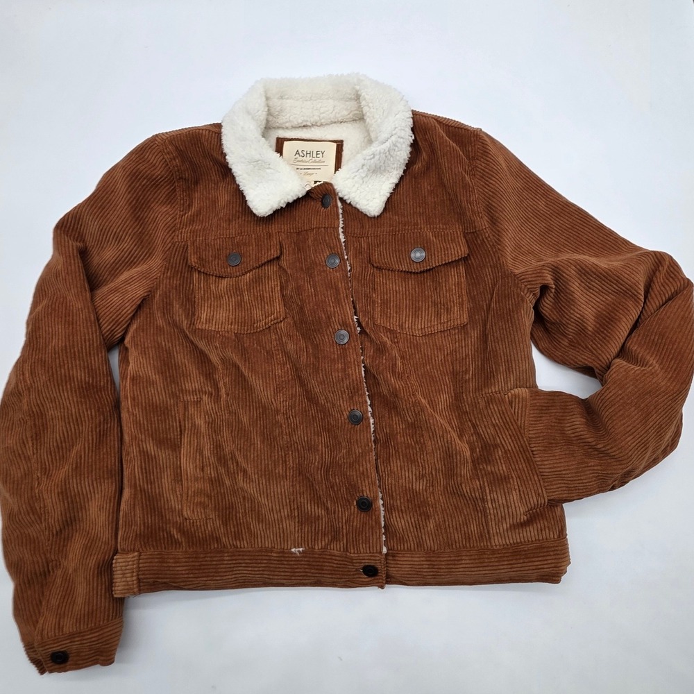 Hipster Ashley Corduroy Trucker Jacket Women L Brown Faux Shearling Lined Wester